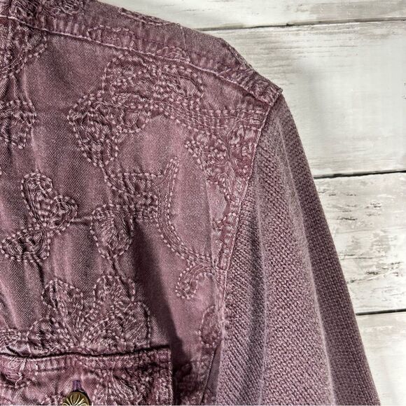 DENIM & CO. Mineral Wash Burgundy Cotton And Knit Embroidered Jacket 1X - Picture 9 of 10